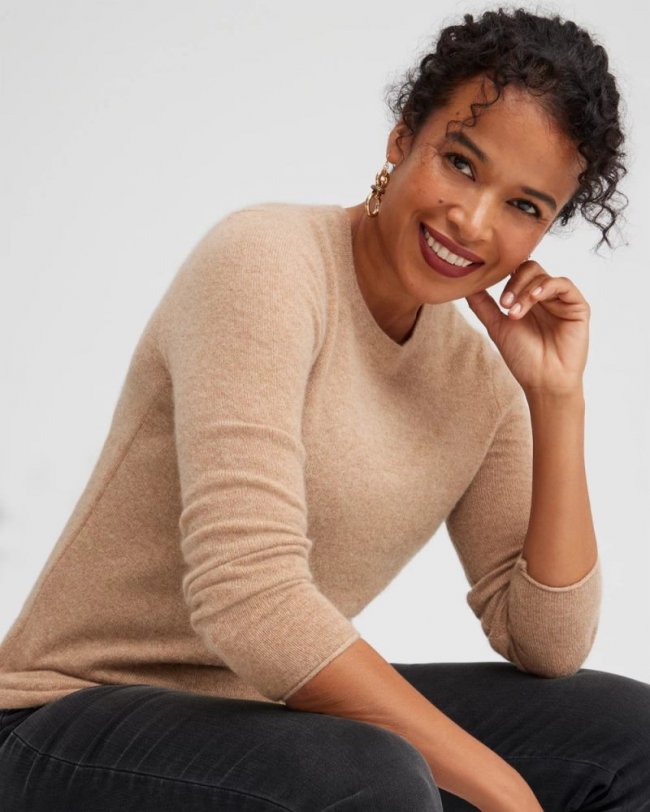 Chicos Cashmere Crew Neck Sweater - CAMEL