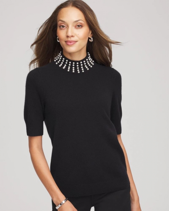 Chicos Cashmere Pearl Mockneck Sweater - BLACK