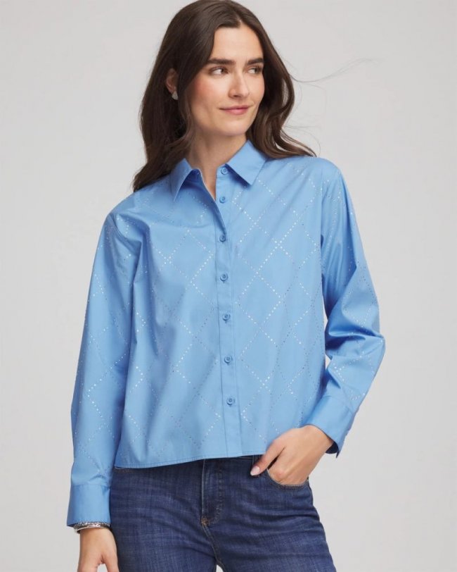 Chicos Embellished Stretch Cotton Collared Shirt - TIDAL BLUE