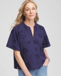 Chicos Embroidered Star Split Neck Blouse - PASSPORT BLUE
