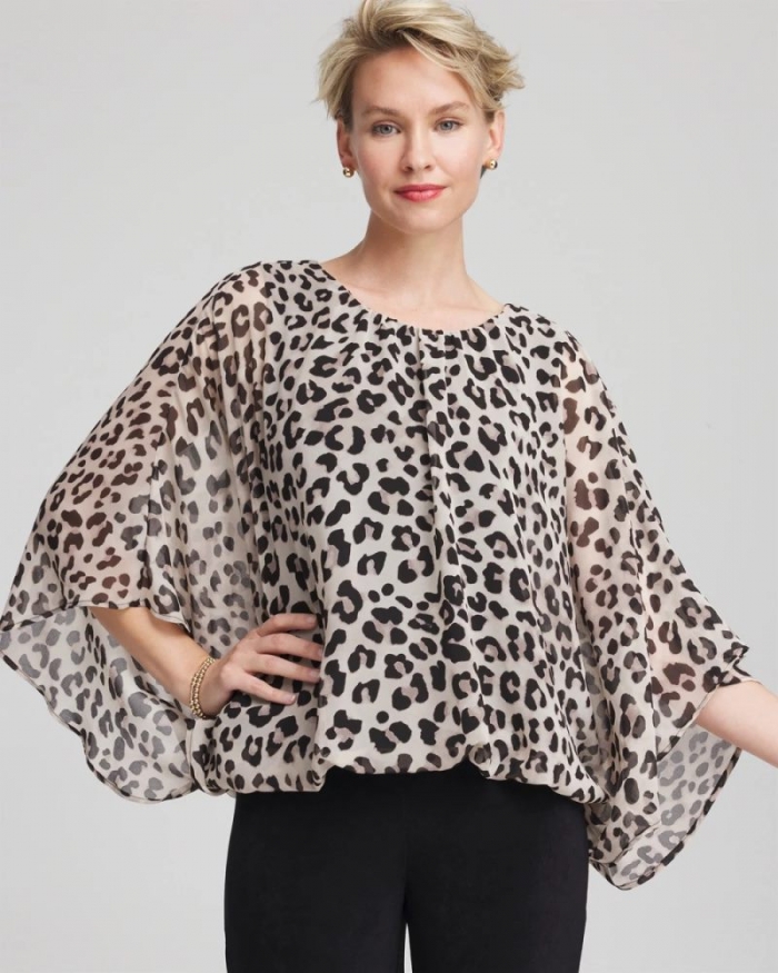 Chicos Travelers™ Animal-Print Bubble-Hem Chiffon Blouse - DEEP TAUPE