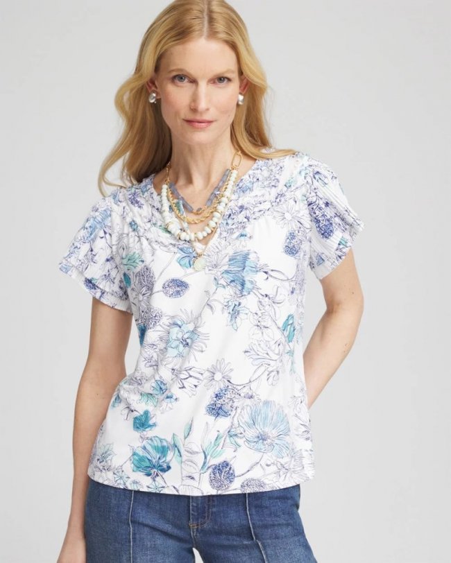 Chicos Touch of Cool™ Floral Flutter Sleeve Tee - ALABASTER Chicos Touch of Cool™ Floral Flutter Sleeve Tee - ALABASTER