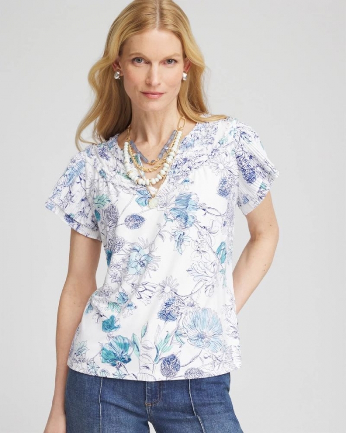 Chicos Touch of Cool™ Floral Flutter Sleeve Tee - ALABASTER