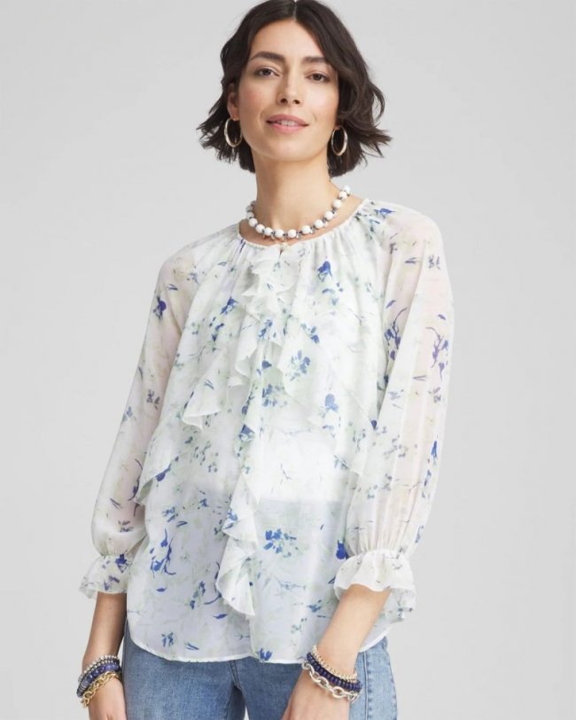 Chicos Georgette Sheer Ruffle Blouse - BLUE PEARL
