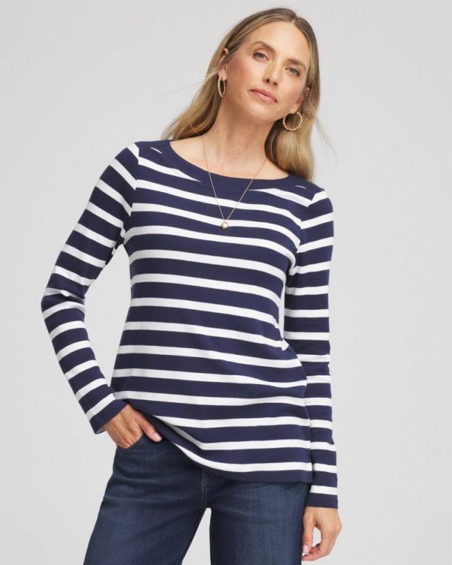 Chicos Stretch Cotton Boatneck Tunic - PASSPORT BLUE