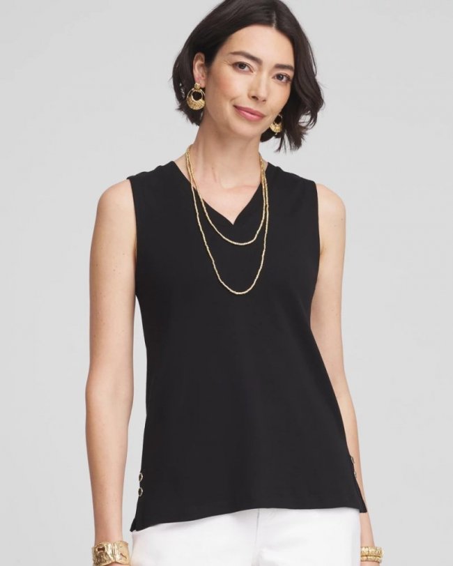 Chicos Sleeveless V-Neck Button Tank - BLACK