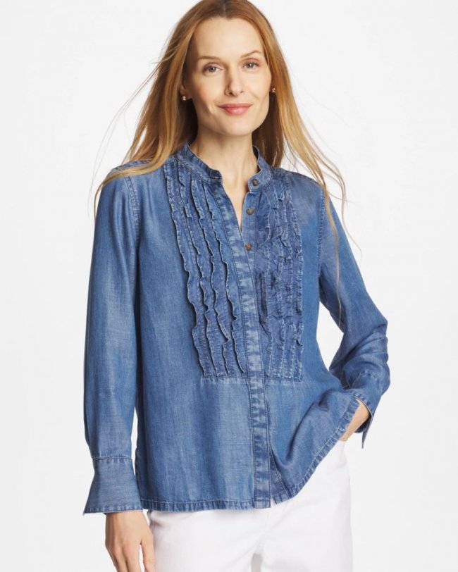 Chicos Tencel Ruffle Front Shirt - BAILEY INDIGO