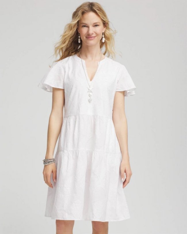 Chicos Embroidered Popover Dress - ALABASTER