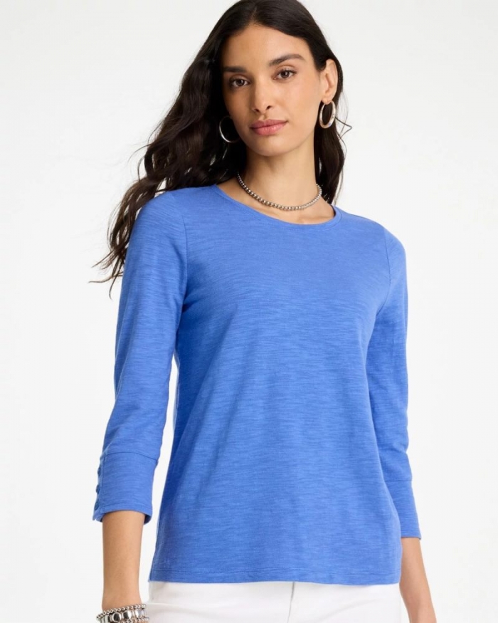 Chicos Cotton Slub 3/4 Sleeve Button Tee - AMPARO BLUE