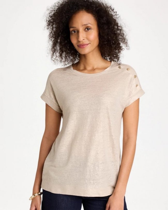 Chicos Foiled Linen Button Tunic - SMOKEY TAUPE