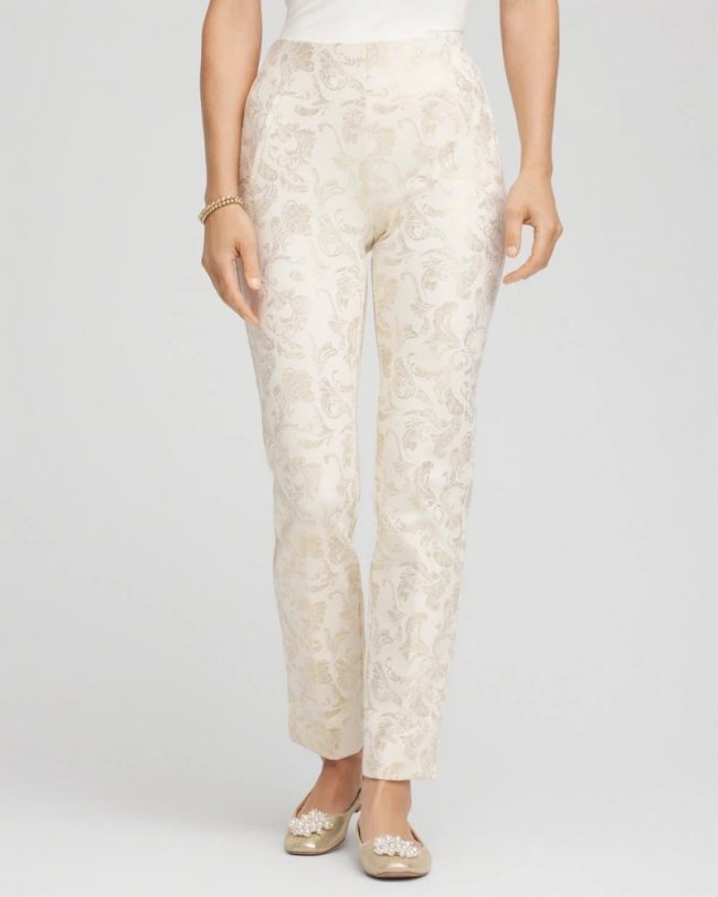Chicos Juliet Golden Foiled Slim Ankle Pants - ENGLISH CREAM