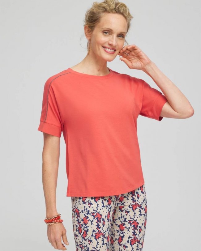 Chicos Touch of Cool™ Caviar Bead Detail Tee - CORAL ZINNIA