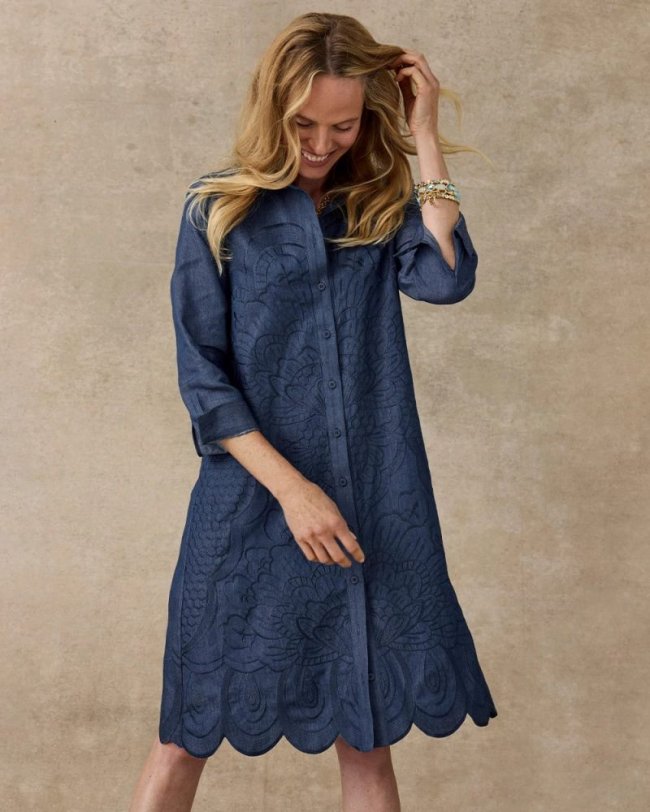 Chicos Denim Embroidered Dress - INDIGO