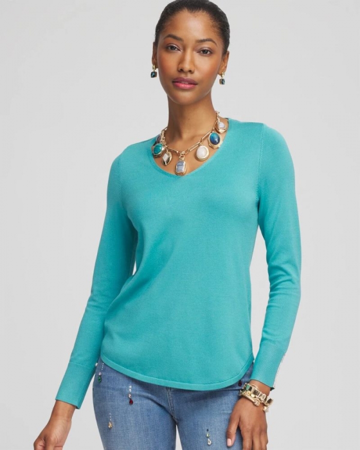 Chicos Caviar Trim V-Neck Pullover Sweater - ALPINE BLUE