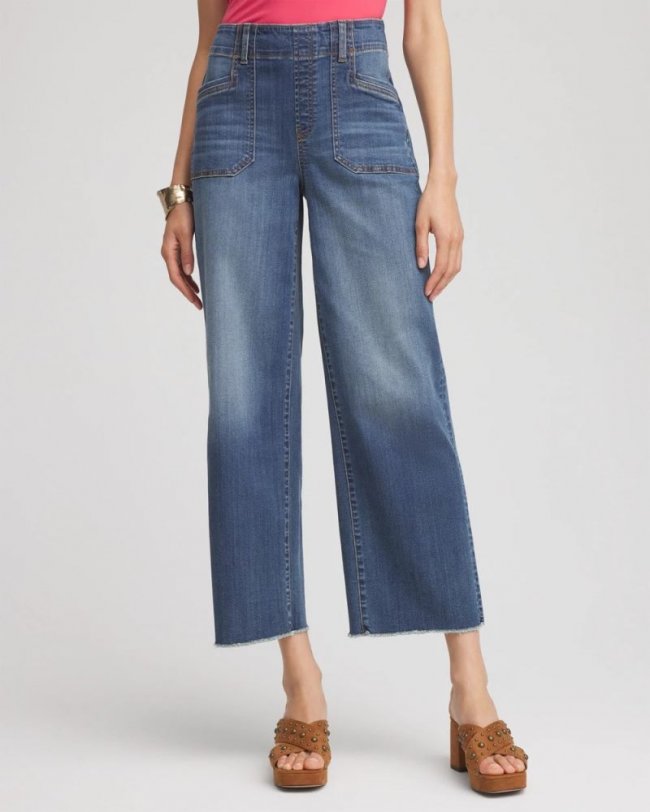 Chicos Pull-On Cropped Wide-Leg Frayed Jeans - PERSIMMON INDIGO