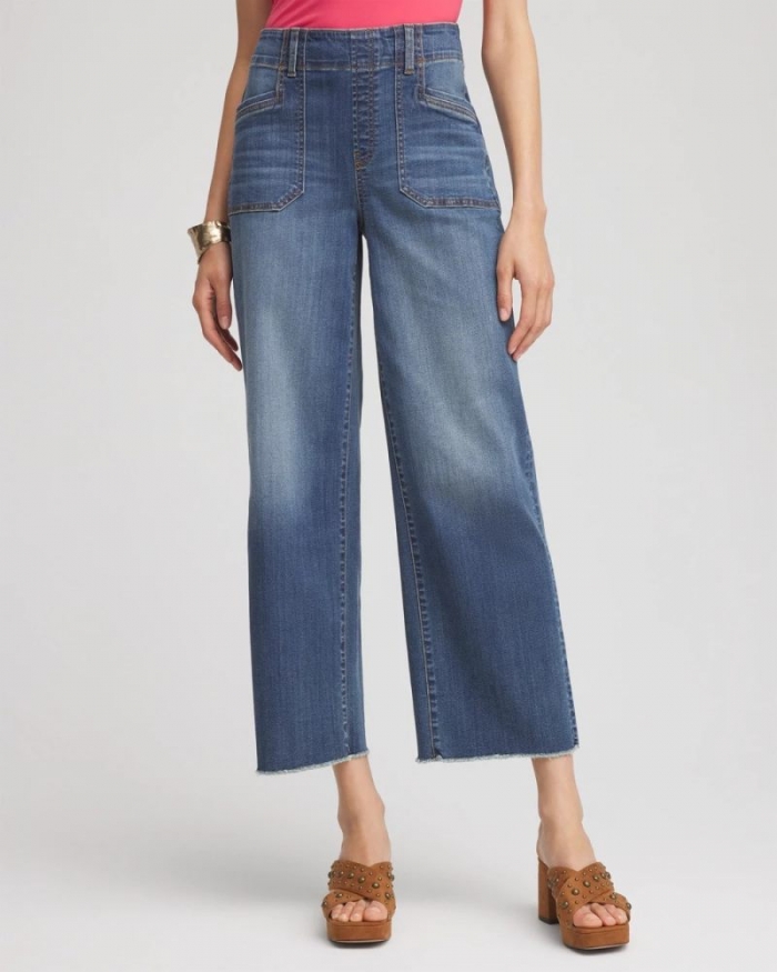 Chicos Pull-On Cropped Wide-Leg Frayed Jeans - PERSIMMON INDIGO