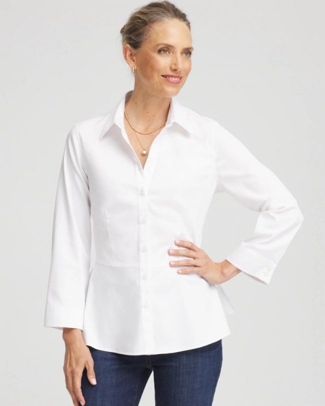 Chicos No Iron Peplum Stretch-Sateen Shirt - OPTIC WHITE