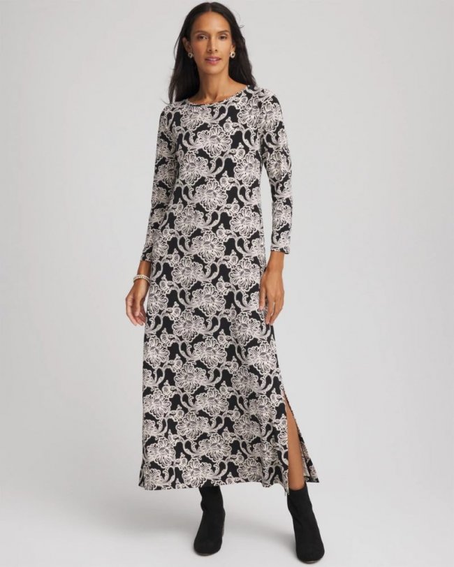 Chicos Printed Jersey Knit Maxi Dress - BLACK