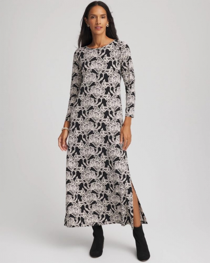 Chicos Printed Jersey Knit Maxi Dress - BLACK