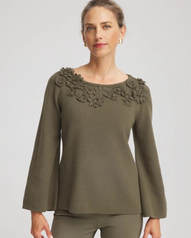 Chicos Appliqué Flared-Sleeve Sweater - NETTLE LEAF Chicos Appliqué Flared-Sleeve Sweater - NETTLE LEAF