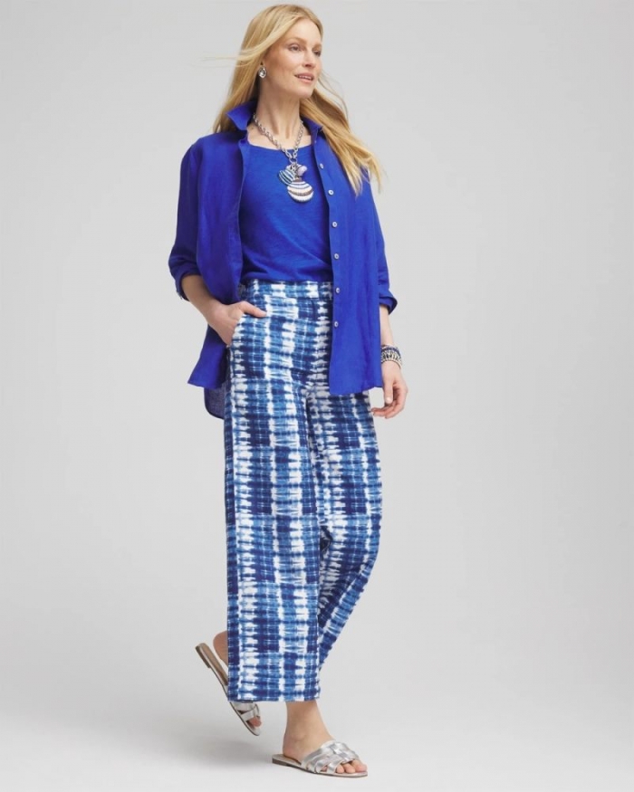 Chicos Tie-Dye Linen Cropped Pants - BLUE
