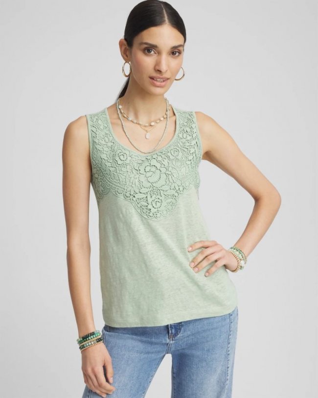 Chicos Linen Lace-Applique Tank - MOROCCAN MINT