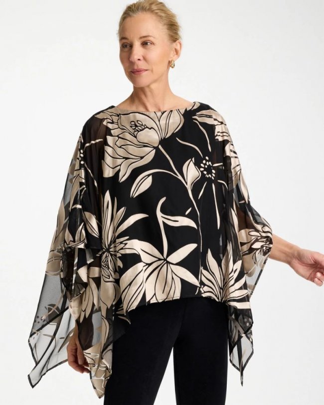 Chicos Travelers™ Burnout Floral Chiffon Top - TRAVELERS BLACK