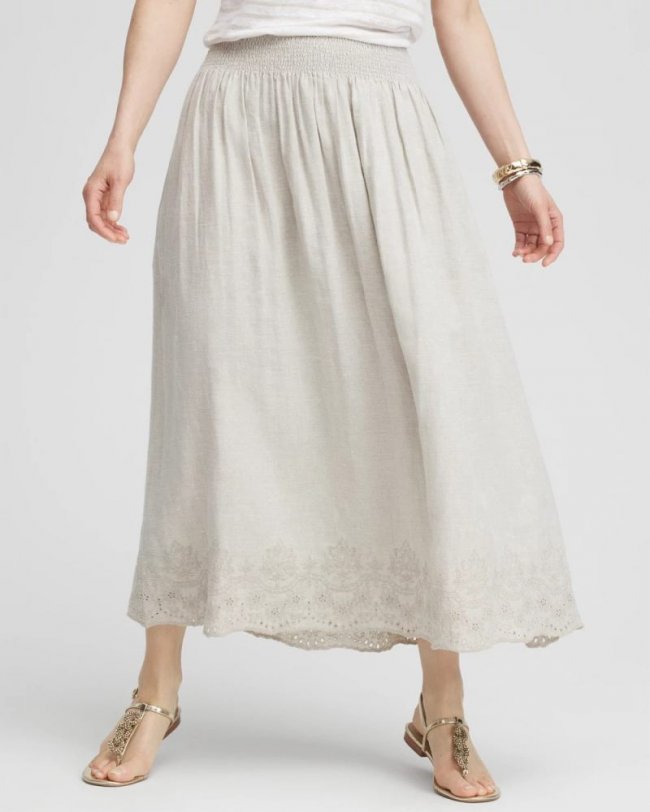 Chicos Linen Embroidered Scallop Hem Skirt - OATMEAL