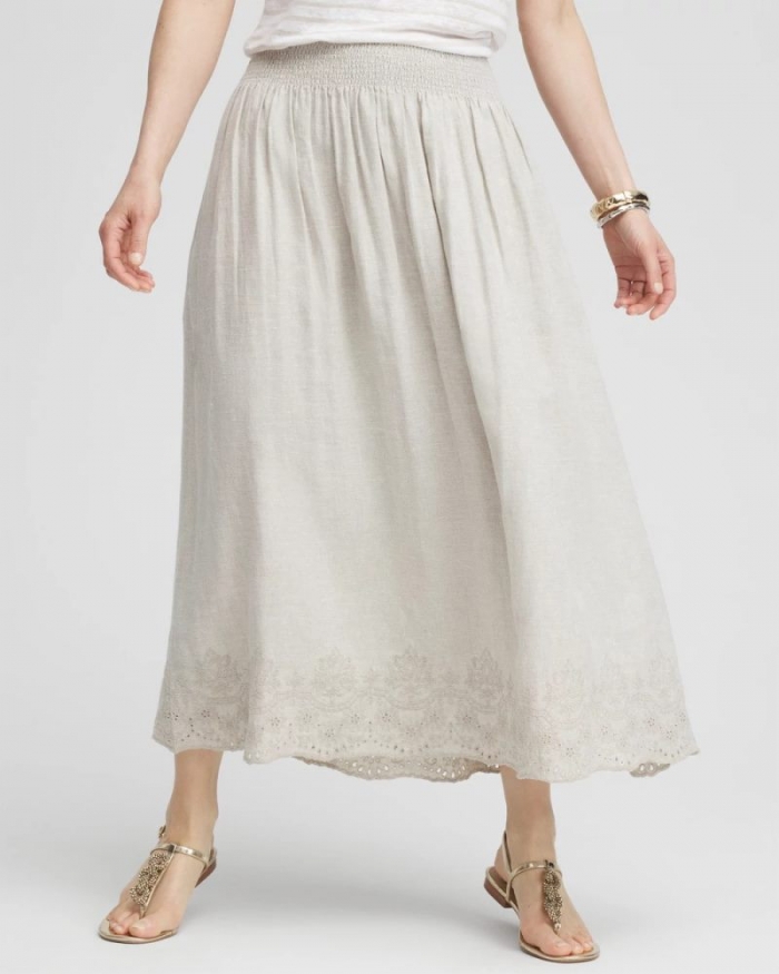 Chicos Linen Embroidered Scallop Hem Skirt - OATMEAL