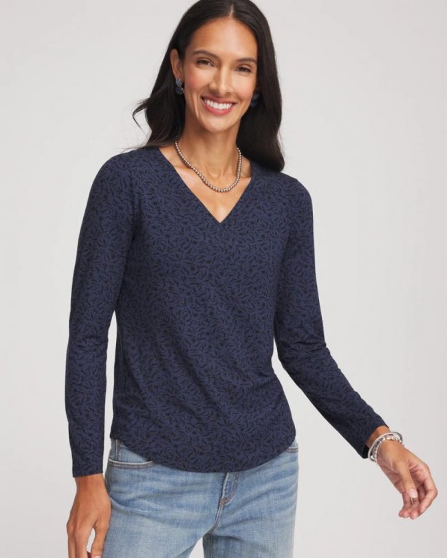 Chicos Printed Touch of Cool™ V-Neck Layering Tee - PASSPORT BLUE Chicos Printed Touch of Cool™ V-Neck Layering Tee - PASSPORT BLUE