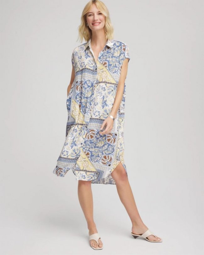 Chicos Floral Patchwork Short Shirtdress - ECRU