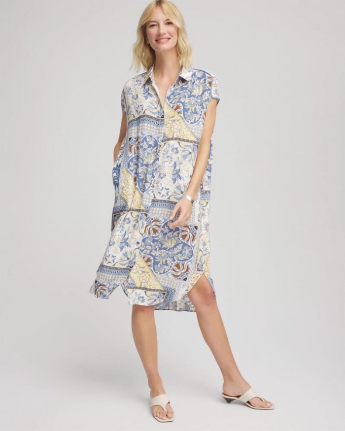 Chicos Floral Patchwork Short Shirtdress - ECRU