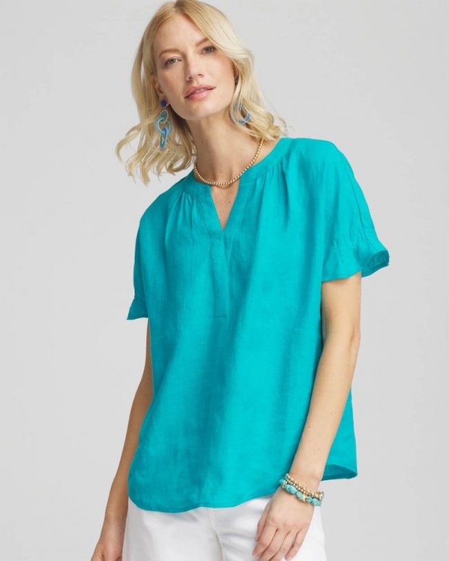 Chicos Linen Flutter-Sleeve Popover Top - SEASPRAY