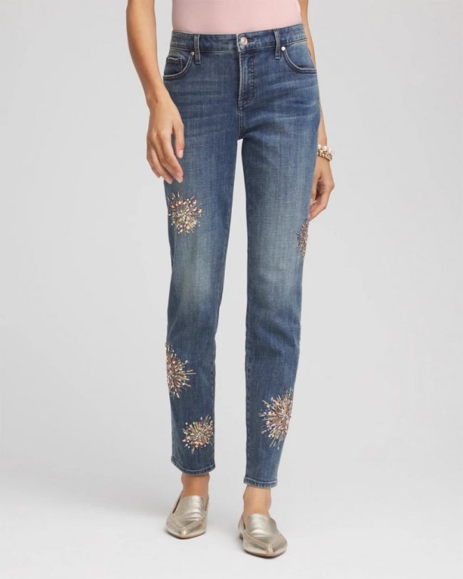 Chicos Embellished Starbursts Girlfriend Slim Ankle Jeans - BRILLIANT BLUE INDIGO