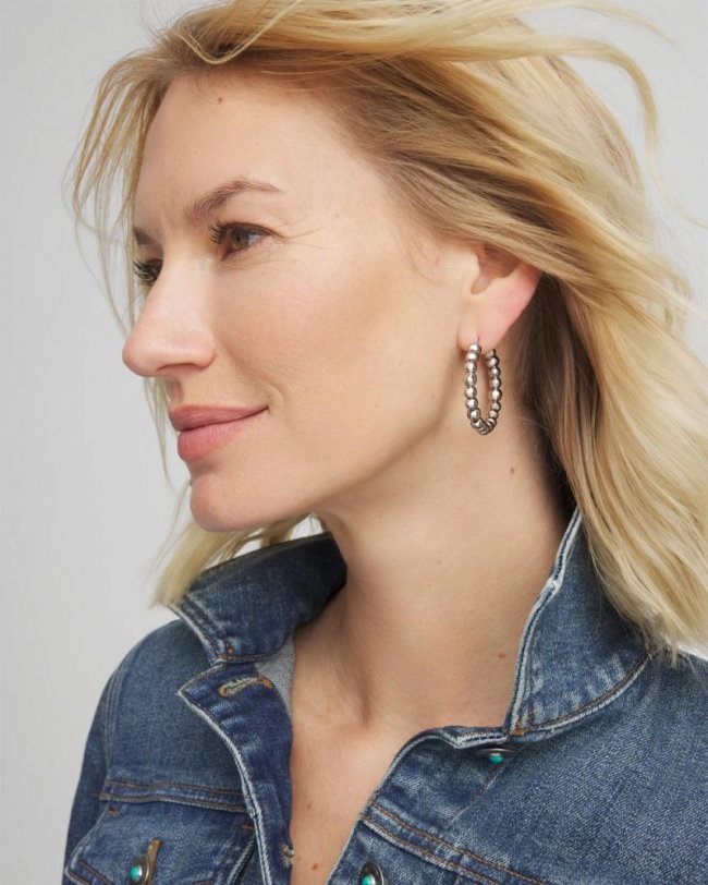 Chicos Silvertone Beaded Hoop Earrings - SILVER