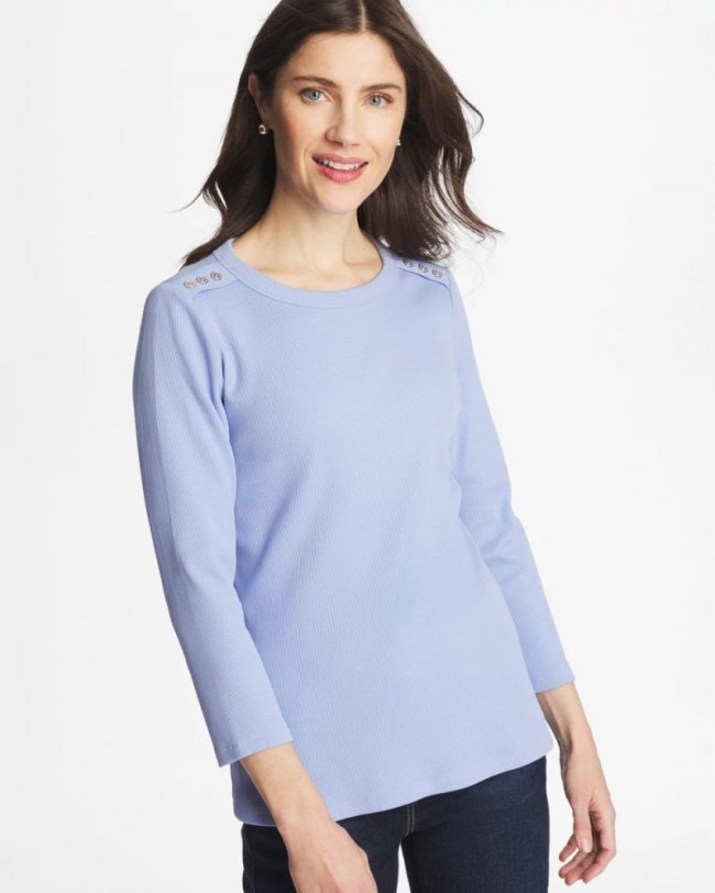 Chicos Ribbed Button Crewneck Tee - BLUE ORCHID