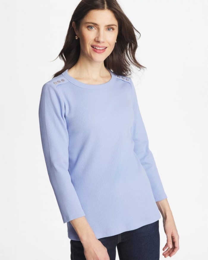 Chicos Ribbed Button Crewneck Tee - BLUE ORCHID