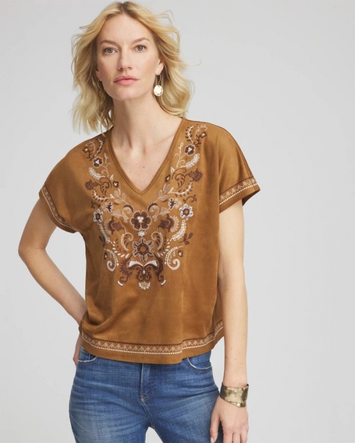Chicos Embroidered Oversized Tee - BURNT SIENNA