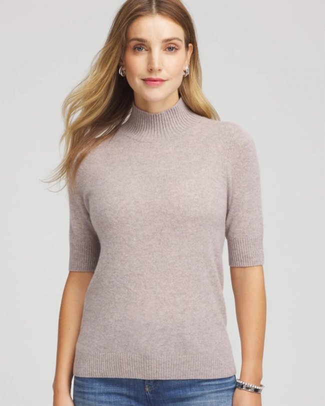 Chicos Cashmere Elbow-Sleeve Sweater - TAUPE HEATHER