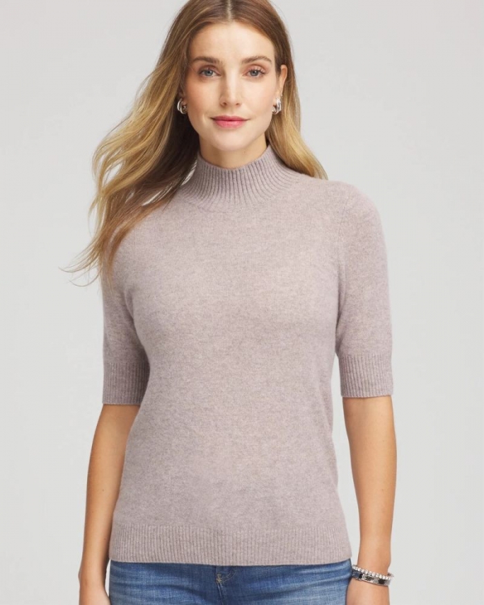 Chicos Cashmere Elbow-Sleeve Sweater - TAUPE HEATHER