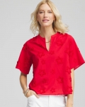 Chicos Embroidered Star Split Neck Blouse - RED GLOW Chicos Embroidered Star Split Neck Blouse - RED GLOW