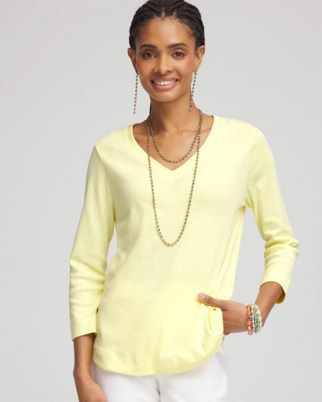 Chicos Everyday 3/4 Sleeve V-Neck Tee - BRIGHT YELLOW Chicos Everyday 3/4 Sleeve V-Neck Tee - BRIGHT YELLOW
