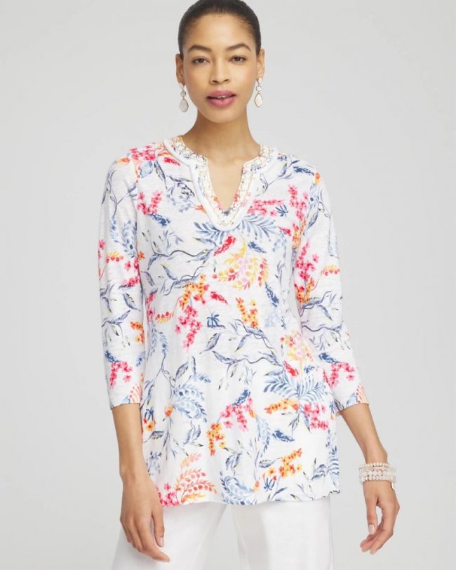 Chicos Linen Nautical Embellished Tunic - WATERMELON PUNCH