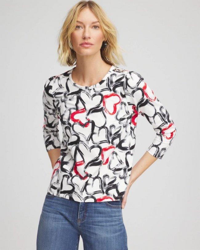 Chicos Love Brush Button Heart Tee - BLACK