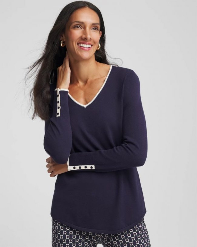 Chicos Ella Tipped V-Neck Pullover Sweater - PASSPORT BLUE