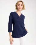 Chicos Embroidered Linen Tee - PASSPORT BLUE
