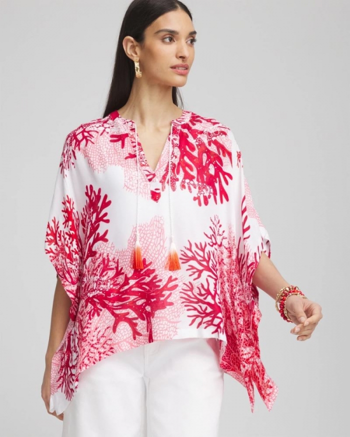 Chicos Coral Reef Motif Poncho - RED GLOW
