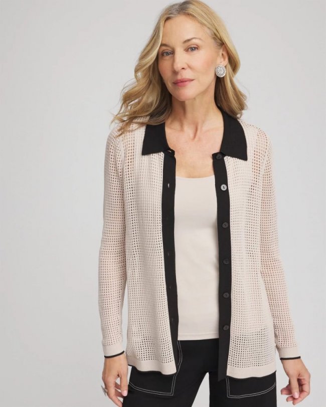 Chicos Pointelle Polo Cardigan - SMOKEY TAUPE