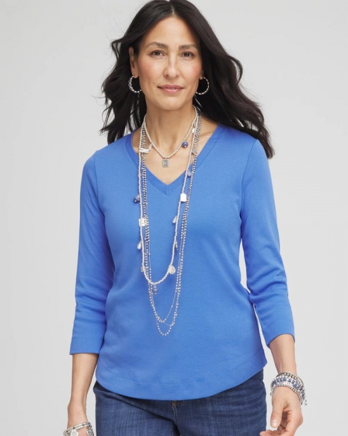Chicos Everyday 3/4 Sleeve V-Neck Tee - BLUE PEARL