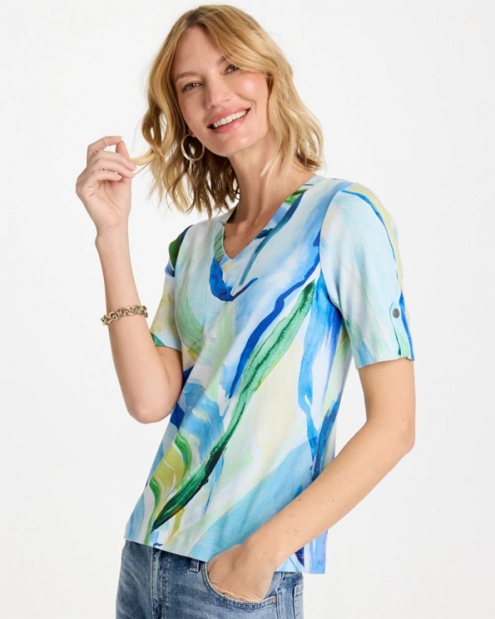 Chicos Printed Pima V-Neck Tee - AMPARO BLUE
